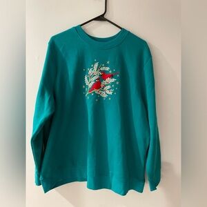 Holiday Teal Festive Sweatshirt. With embroidered cardinals. Size 1X